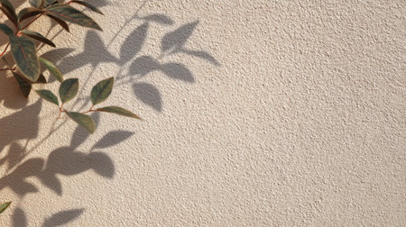 This image features soft shadows cast by green leaves on a textured beige wall, capturing an artistic and serene atmosphere perfect for design projects or decor inspiration.の素材