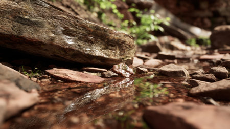 A tranquil stream flows gently over smooth, colorful stones, reflecting the surrounding lush greenery and creating a peaceful atmosphere in an idyllic natural setting.の素材