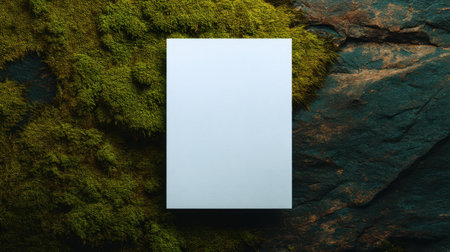 A blank canvas rests atop a natural stone surface adorned with vibrant green moss, creating a serene and calming atmosphere perfect for artistic and design projects.の素材