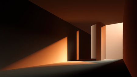 This abstract image showcases an architectural interior featuring warm tones and dramatic lighting, enhancing geometric structures for a serene atmosphere.の素材