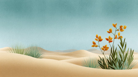 Captivating desert landscape features yellow flowers and green grasses set against a calm blue sky. Perfect for designs requiring a serene and natural background.の素材