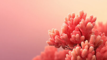 Explore the beauty of vibrant coral branches against a soft pink backdrop, highlighting the intricate textures and colors found in underwater ecosystems. Perfect for nature themes.の素材