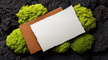 Capture the essence of nature with this minimalistic scene featuring green moss and textured paper on a dark rocky surface, perfect for creativity and eco-friendly projects.の素材