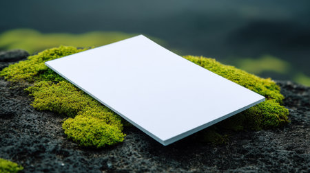 A blank notebook rests on vibrant green moss, showcasing a clean and minimalistic environment. The soothing natural backdrop inspires creativity and reflection.の素材
