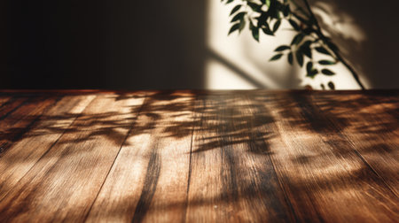 A harmonious scene featuring a wooden surface illuminated by gentle light, casting soft shadows of green leaves, creating an inviting and calming atmosphere.の素材