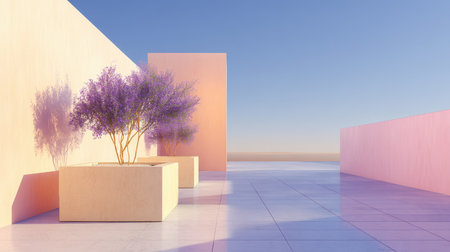 A tranquil outdoor space featuring modern architecture, minimalist walls, and a vibrant purple tree under a clear blue sky, creating a serene and artistic ambiance.の素材