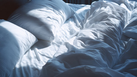 Discover a serene bed setting featuring soft, crumpled white linens and gentle morning light. This image evokes comfort and relaxation in a cozy bedroom ambiance.の素材