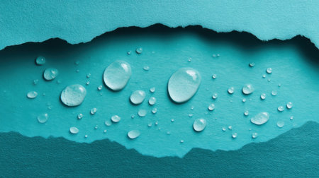 Captivating water droplets rest on a vibrantly teal paper background with a unique ripped edge. This composition offers a fresh and modern design element for various projects.の素材