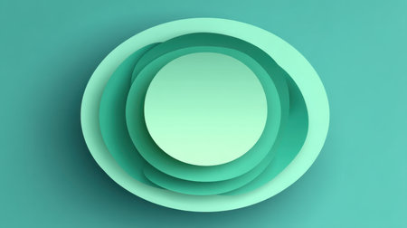 This abstract design showcases layered circular shapes in soft greens against a soothing teal background, embodying minimalism and modern artistic elegance.の素材
