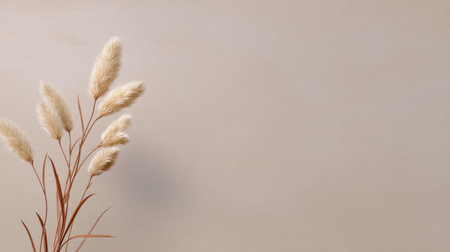 A beautiful arrangement of dried grass stands delicately against a smooth beige background, offering a serene and calm atmosphere. Ideal for modern home decor.の素材