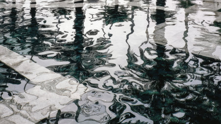 Captivating image showcasing the serene reflection of palm trees on the still water surface of a modern pool, framed by elegant stone tiles, creating a tranquil ambiance.の素材