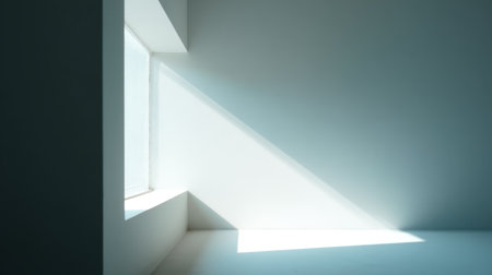 A serene and bright minimalist architectural interior showcasing a window that casts soft light and creates distinct shadows, reflecting modern design principles.の素材