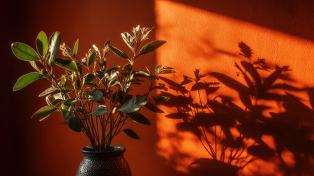 A stunning potted plant with vibrant green leaves creates beautiful shadows on a rich orange wall, enhancing the cozy ambiance of an indoor space. Perfect for home decor.の素材