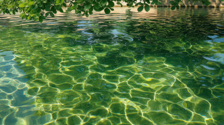 A serene image of crystal clear water reflecting sunlight with distant greenery, creating a peaceful natural scene perfect for relaxation and meditation themes.の素材