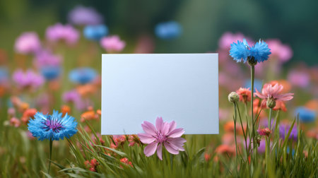 A vibrant garden scene filled with colorful blossoms creates a cheerful backdrop for a blank card, ideal for messages or creative projects in nature.の素材