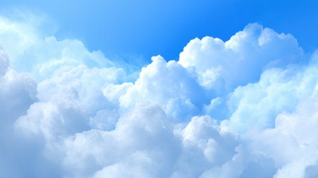 A serene and fluffy cloudscape with soft white clouds against a vibrant blue sky. This tranquil nature background evokes calmness and peace in any project or design.の素材
