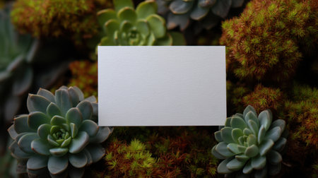 A blank white card nestled among vibrant green succulents and warm orange moss creates a serene backdrop for presentations or promotional material in a nature-inspired setting.の素材