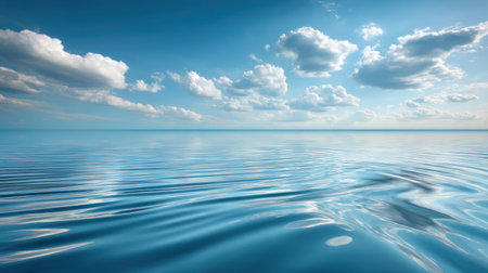 Discover the calm beauty of a serene ocean water surface, reflecting soft clouds and a bright blue sky on a peaceful day, perfect for nature enthusiasts.の素材