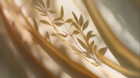Ethereal shadows of soft leaves create an artistic interplay of light and fabric. This serene image captures the beauty of nature's design in a cozy environment.の素材