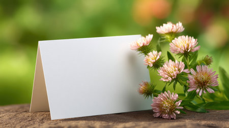 A beautiful blank greeting card rests beside soft pink flowers, set against a lush green backdrop, perfect for sending heartfelt messages for any occasion.の素材