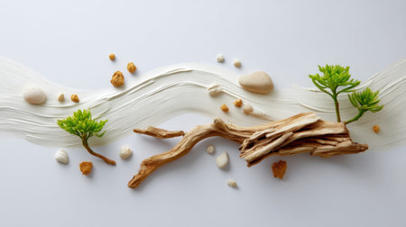 This artistic composition features driftwood, vibrant green plants, and smooth pebbles arranged on a textured background, perfect for nature-inspired designs.の素材