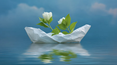 A delicate paper boat floats effortlessly on serene water, adorned with lush green leaves and pristine white flowers, creating a tranquil and dreamy atmosphere.の素材