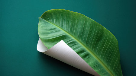A stunning view of a vibrant tropical leaf set against a rich green background, perfect for nature-themed projects and artistic expressions in design and photography.の素材