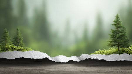 Explore the harmonious blend of torn paper and a lush forest backdrop. This image captures the essence of nature, inviting a sense of peace and inspiration.の素材