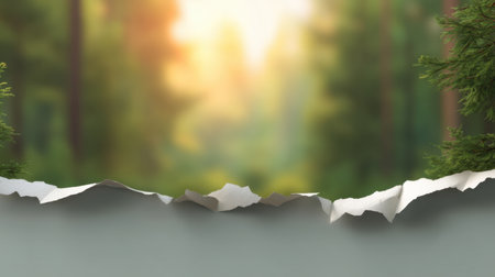 Lush greenery and warm sunlight create a serene atmosphere in this artistic torn paper effect image, perfect for nature-themed projects and designs.の素材