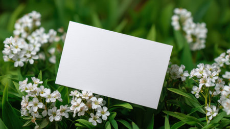 A blank card nestled among delicate white flowers and vibrant green leaves, offering a serene backdrop ideal for personal messages or creative projects in nature.の素材
