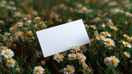 A blank business card rests delicately among colorful wildflowers, creating a serene and picturesque backdrop perfect for branding and marketing needs.の素材