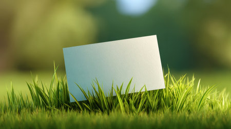 A serene image featuring a white blank card resting amidst vibrant green grass. Perfect for showcasing messages or designs in a calm natural environment.の素材