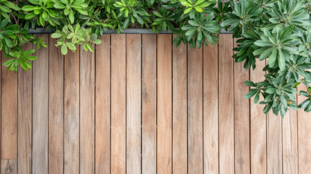A serene top view of a wooden deck featuring fresh green foliage, creating a tranquil outdoor environment ideal for relaxation and leisure activities.の素材