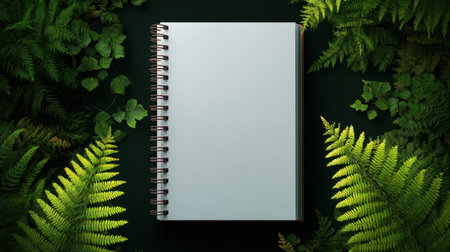 A blank notebook rests among vibrant green ferns, creating a serene and inspiring atmosphere perfect for journaling or sketching ideas. Ideal for nature lovers.の素材