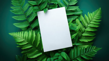 A blank white paper sits artfully among vibrant green fern leaves, creating a soothing visual ideal for eco-friendly themes, creative projects, and nature-inspired designs.の素材