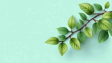 Vibrant green leaves elegantly arranged on a soft turquoise background. Perfect for nature-themed projects, wellness designs, or botanical illustrations.の素材