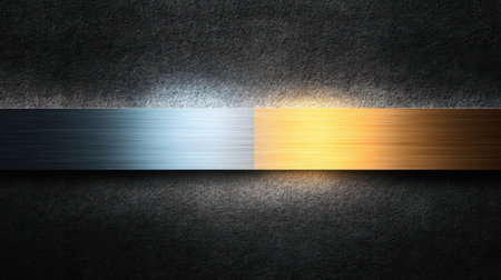 A stunning metallic surface showcasing a gradient between silver and gold, beautifully illuminated against a dark backdrop, perfect for design projects and creative inspiration.の素材