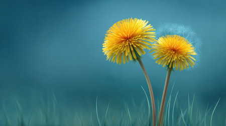 This image features beautiful yellow dandelion flowers against a soft blue background, capturing the essence of nature's elegance and vibrancy in a serene setting.の素材