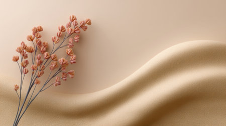 This image features delicate pink flowers against a soft beige fabric backdrop, evoking a sense of tranquility and elegance in a minimalist composition.の素材