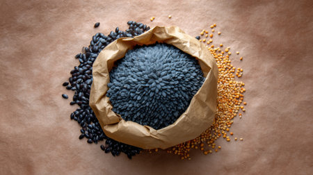 An artistic display of assorted seeds and grains on a rustic brown paper background. The natural colors and textures highlight the beauty of healthy food ingredients.の素材