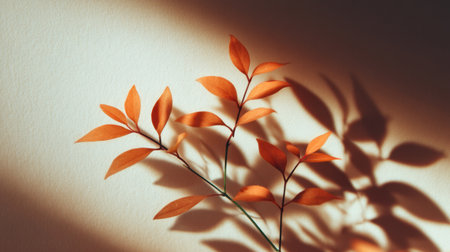 A serene display of delicate orange leaves casting soft shadows on a textured wall, perfect for illustrating the beauty of nature and minimalistic decor.の素材