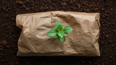 This image showcases a fresh green plant emerging from crumpled brown paper on dark soil. It symbolizes growth, nurturing, and the beauty of nature. Ideal for eco-related themes.の素材