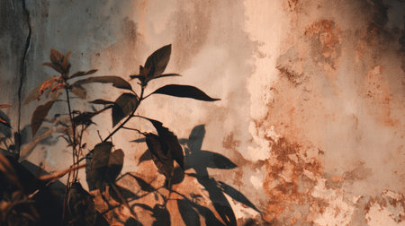 An artistic representation of nature featuring a delicate plant silhouette against a textured wall, showcasing warm earthy tones and soft shadows for creative inspiration.の素材