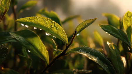 Captivating close-up of fresh green leaves adorned with dew droplets, shimmering in the soft morning light, reflecting the beauty and serenity of nature.の素材