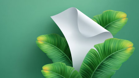 This image features lush green leaves surrounding a curling blank sheet against a soft green background, ideal for nature-themed designs and creative projects.の素材