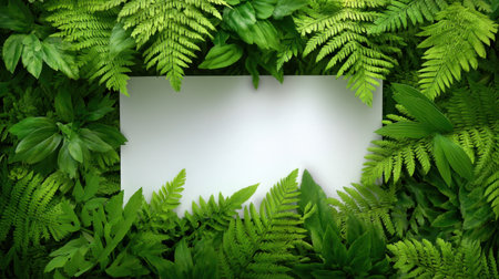 A serene arrangement of lush green ferns frames a blank white space, ideal for adding text or graphics. Perfect for nature-themed designs or creative projects.の素材