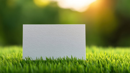 A blank white business card rests seamlessly on lush green grass, illuminated by warm sunlight, offering a perfect canvas for design ideas or branding presentations.の素材