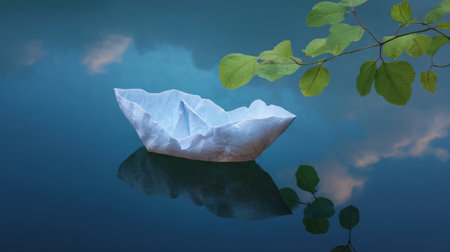 A delicate paper boat floats on a pristine water surface, surrounded by lush greenery and a reflection of tranquil clouds, creating a serene and peaceful atmosphere.の素材