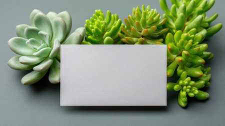 A blank business card set amidst lush green succulents on a soft grey background, perfect for nature-themed marketing, branding, or design concepts.の素材