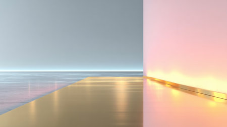 This image showcases an abstract minimalist interior with soft pastel colors, reflective surfaces, and smooth lines, perfect for modern design inspiration and visual tranquility.の素材